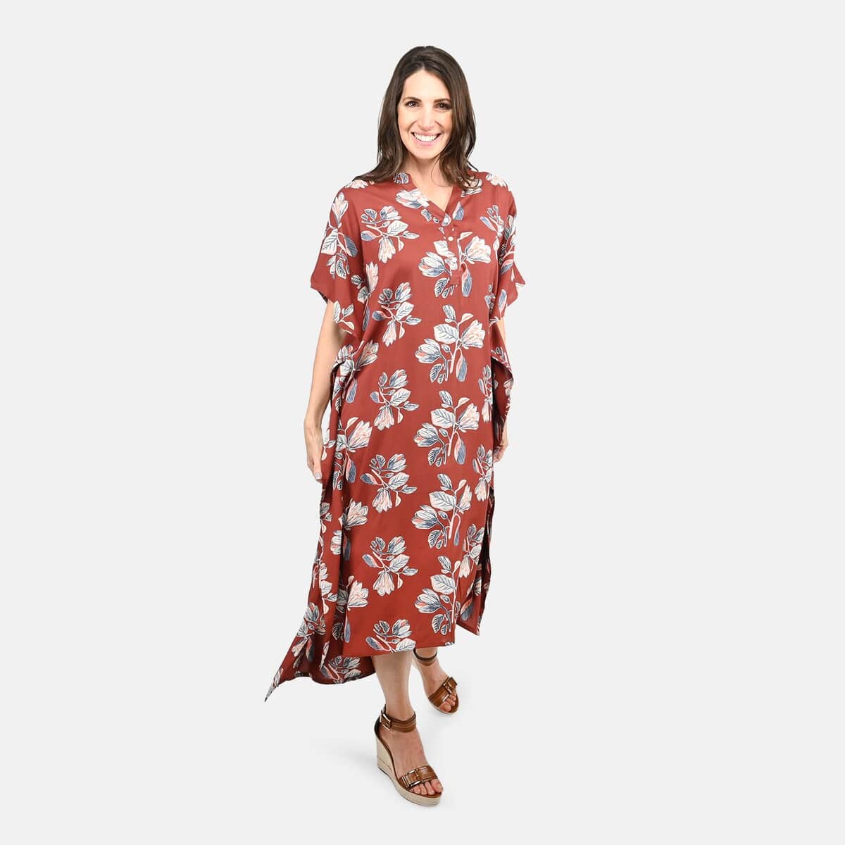 Tamsy Pink Floral Midi Kaftan - One Size Fits Most image number 0