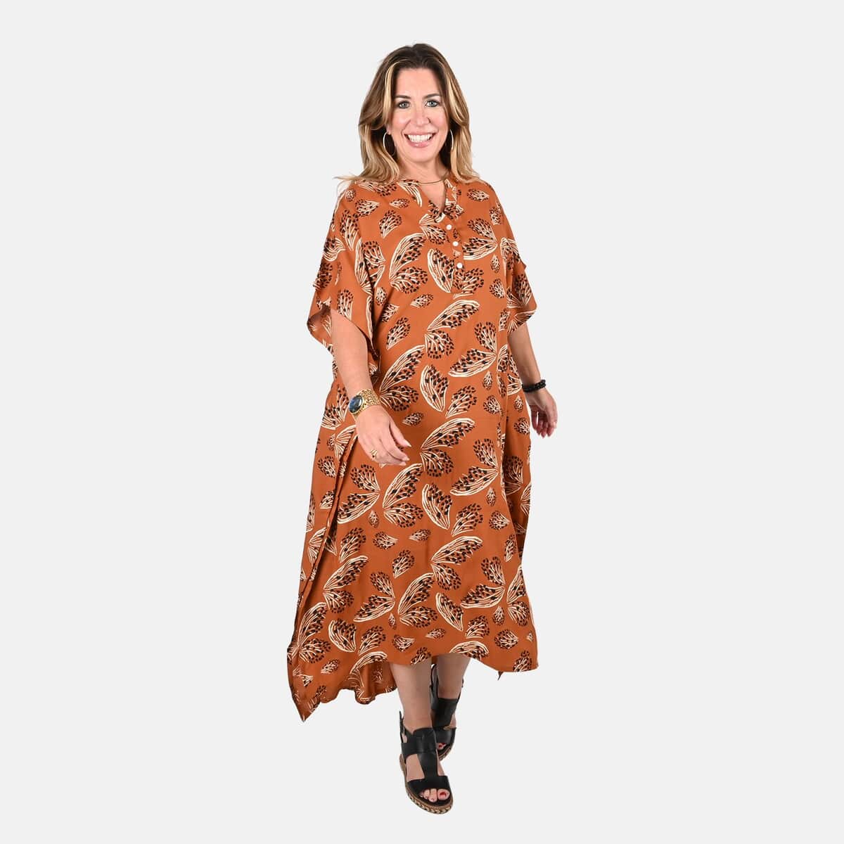 Tamsy Rust Floral Midi Kaftan - One Size Fits Most image number 0