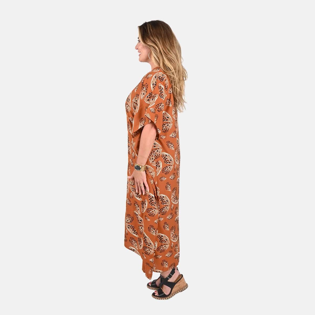 Tamsy Rust Floral Midi Kaftan - One Size Fits Most image number 2