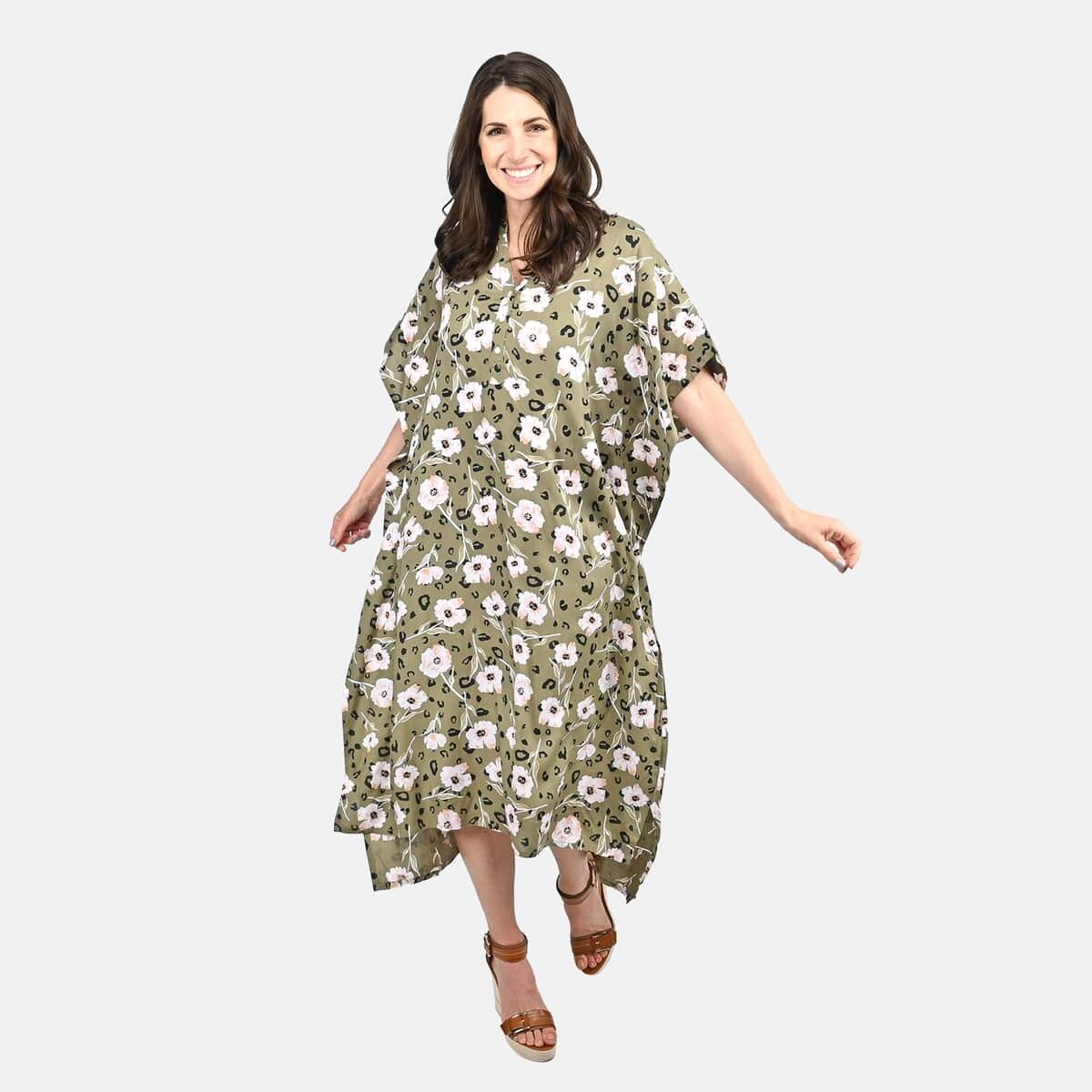 Tamsy Olive Floral Midi Kaftan - One Size Fits Most image number 0