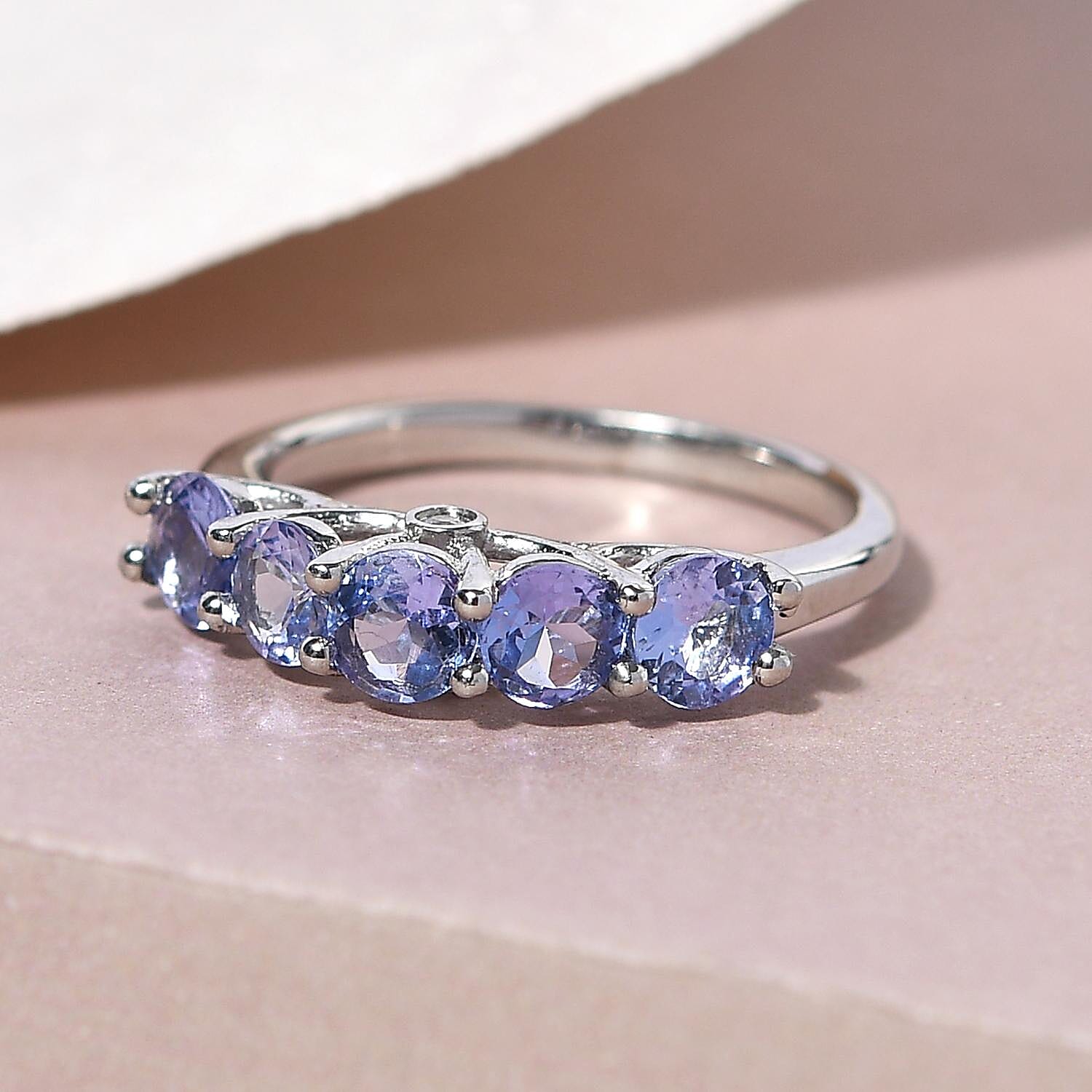 Tanzanite and Natural White Zircon 5 Stone Ring in Platinum Over Sterling Silver (Size 10.0) 1.40 ctw