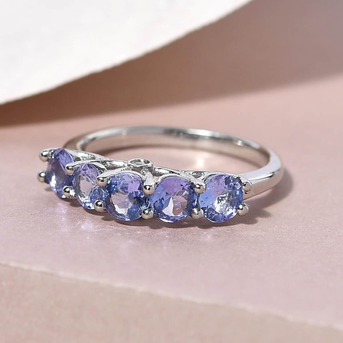Tanzanite and Natural White Zircon 5 Stone Ring in Platinum Over Sterling Silver (Size 10.0) 1.40 ctw image number 1