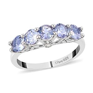 Tanzanite and White Zircon 5 Stone Ring in Platinum Over Sterling Silver (Size 7.0) 1.40 ctw