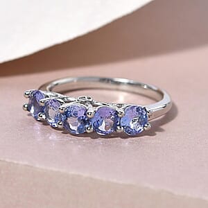Tanzanite and White Zircon 5 Stone Ring in Platinum Over Sterling Silver (Size 7.0) 1.40 ctw