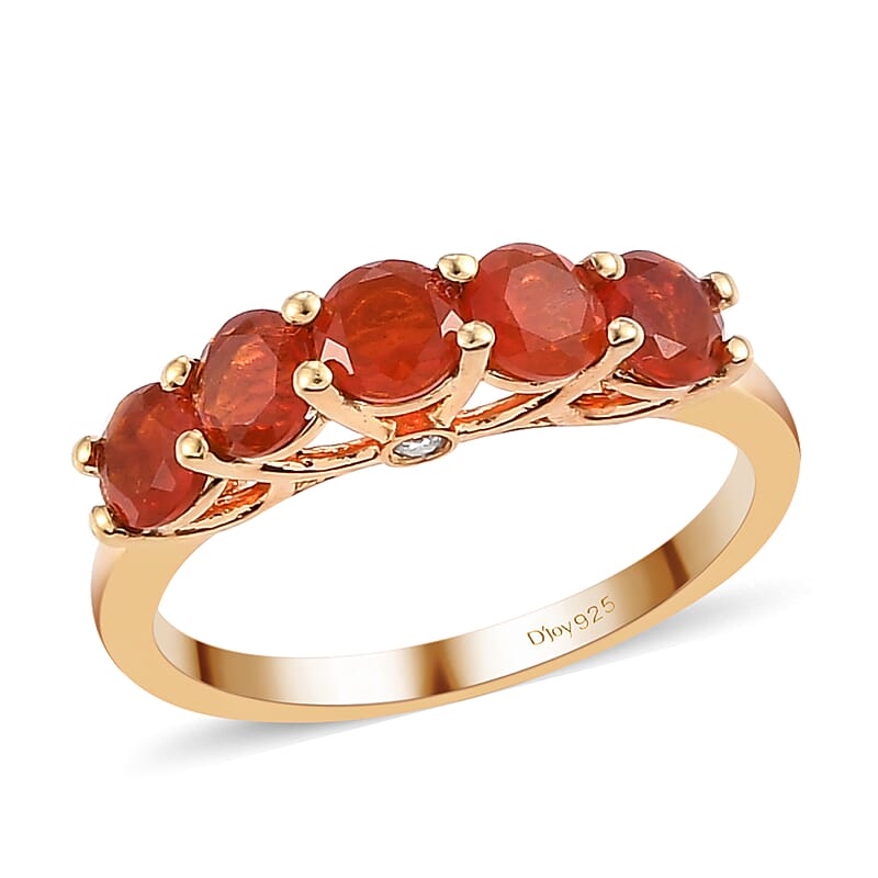 Mexican Cherry Fire Opal and Natural White Zircon 5 Stone Ring in Vermeil Yellow Gold Over Sterling Silver (Size 10.0) 0.90 ctw