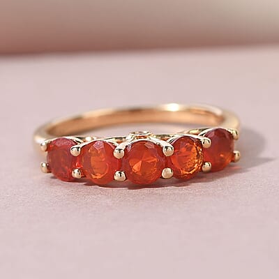 Mexican Cherry Fire Opal and Natural White Zircon 5 Stone Ring in Vermeil Yellow Gold Over Sterling Silver (Size 10.0) 0.90 ctw