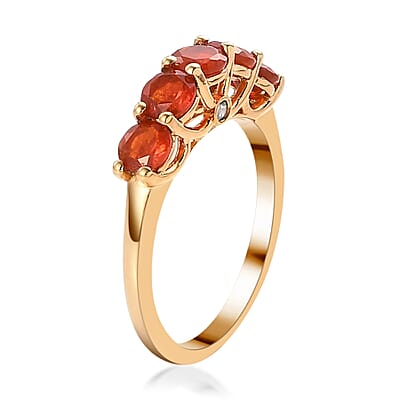 Mexican Cherry Fire Opal and Natural White Zircon 5 Stone Ring in Vermeil Yellow Gold Over Sterling Silver (Size 10.0) 0.90 ctw
