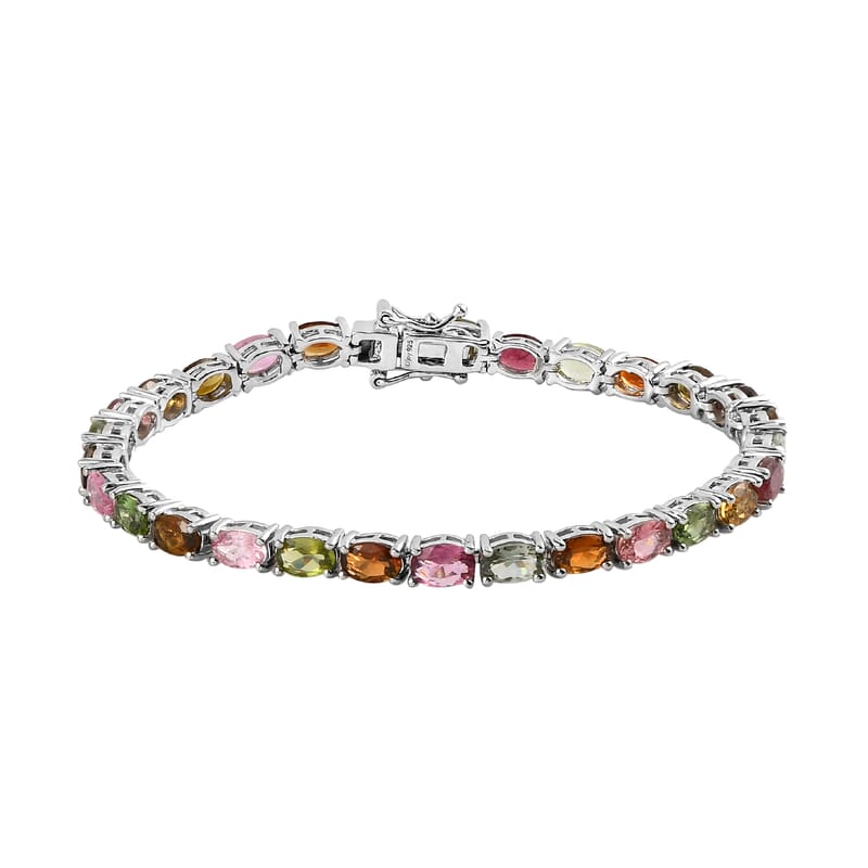 Tourmaline Tennis Bracelet in Platinum Plated Sterling Silver, Multi Tourmaline Bracelet, Silver Tennis, Real Tourmaline Bracelet (7.25 In) 11.60 ctw
