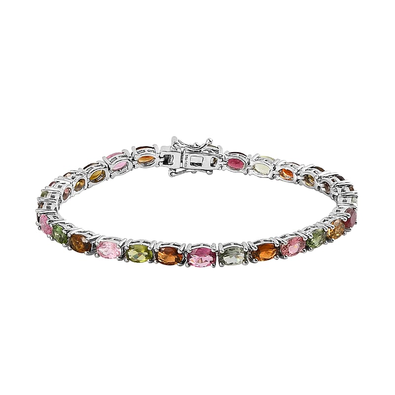 Tourmaline Tennis Bracelet in Platinum Plated Sterling Silver, Multi Tourmaline Bracelet, Silver Tennis, Real Tourmaline Bracelet (7.25 In) 11.60 ctw