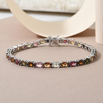Tourmaline Tennis Bracelet in Platinum Plated Sterling Silver, Multi Tourmaline Bracelet, Silver Tennis, Real Tourmaline Bracelet (7.25 In) 11.60 ctw