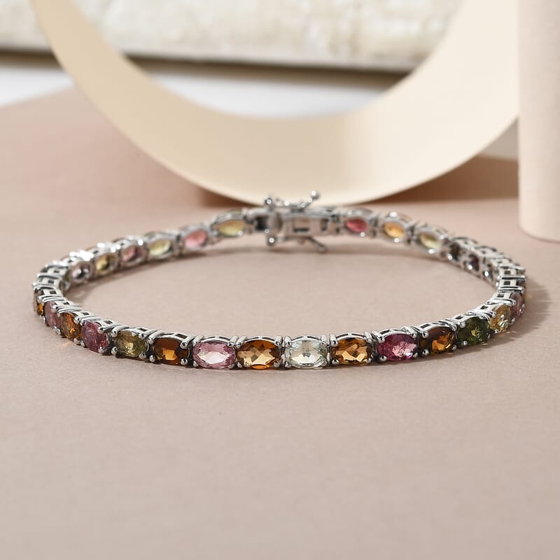 Tourmaline Tennis Bracelet in Platinum Plated Sterling Silver, Multi Tourmaline Bracelet, Silver Tennis, Real Tourmaline Bracelet (7.25 In) 11.60 ctw
