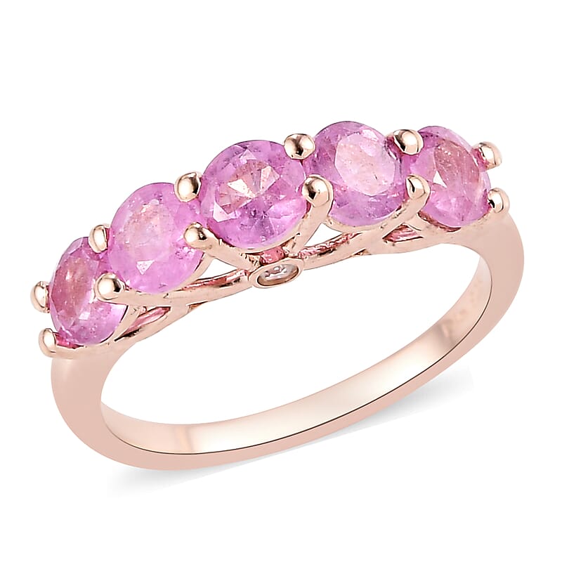 Ilakaka Hot Pink Sapphire and Natural White Zircon 5 Stone Ring in Vermeil Rose Gold Over Sterling Silver (Size 10.0) 2.00 ctw