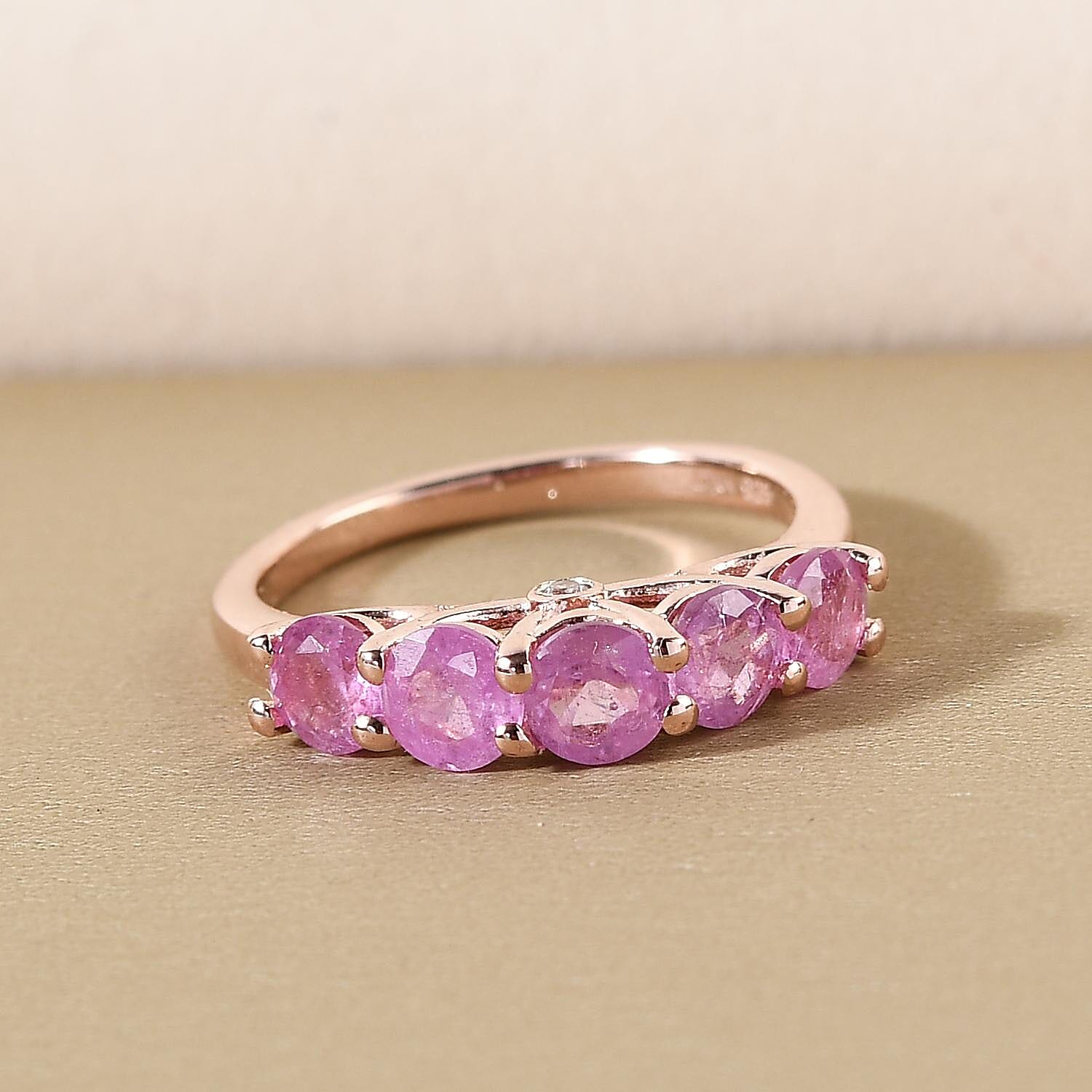 Ilakaka Hot Pink Sapphire and Natural White Zircon 5 Stone Ring in Vermeil Rose Gold Over Sterling Silver (Size 10.0) 2.00 ctw