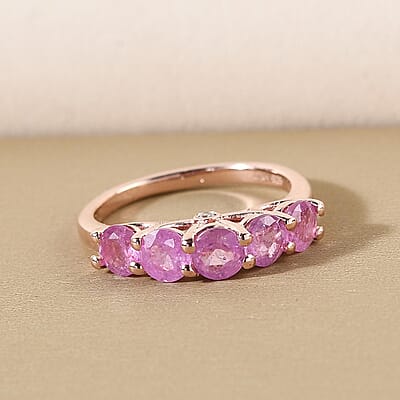Ilakaka Hot Pink Sapphire and Natural White Zircon 5 Stone Ring in Vermeil Rose Gold Over Sterling Silver (Size 10.0) 2.00 ctw
