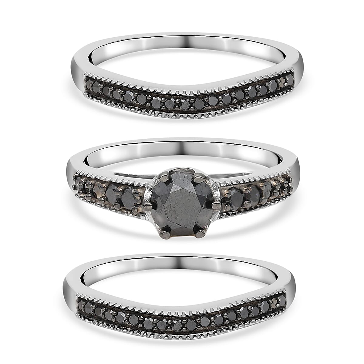 Black Diamond Set of 3 Stackable Ring in Platinum Over Sterling Silver (Size 7.0) 8.25 Grams 1.50 ctw image number 0