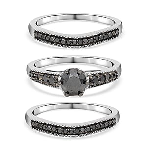 Black Diamond Set of 3 Stackable Ring in Platinum Over Sterling Silver (Size 7.0) 8.25 Grams 1.50 ctw