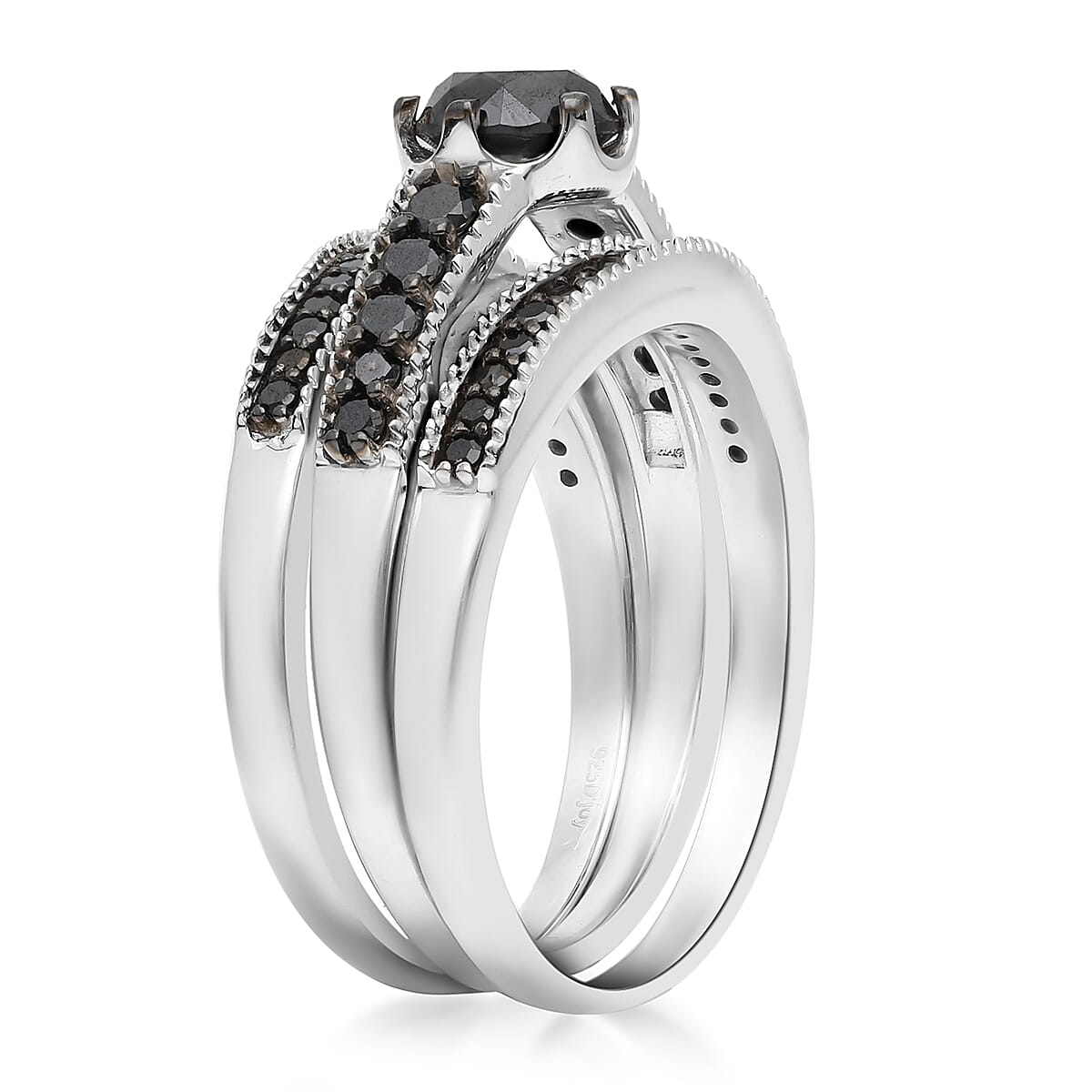 Black Diamond Set of 3 Stackable Ring in Platinum Over Sterling Silver (Size 7.0) 8.25 Grams 1.50 ctw image number 3