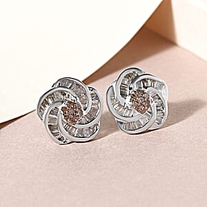 Natural Champagne Diamond Spiral Stud Earrings in Platinum Over Sterling Silver 0.50 ctw