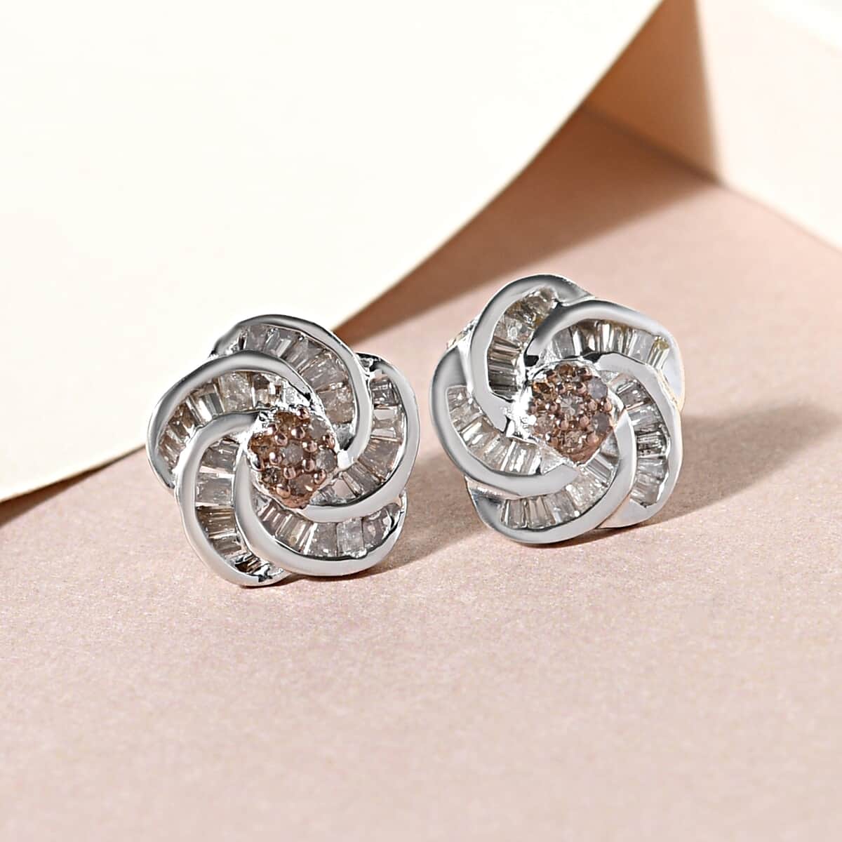 Natural Champagne Diamond Spiral Stud Earrings in Platinum Over Sterling Silver 0.50 ctw image number 1