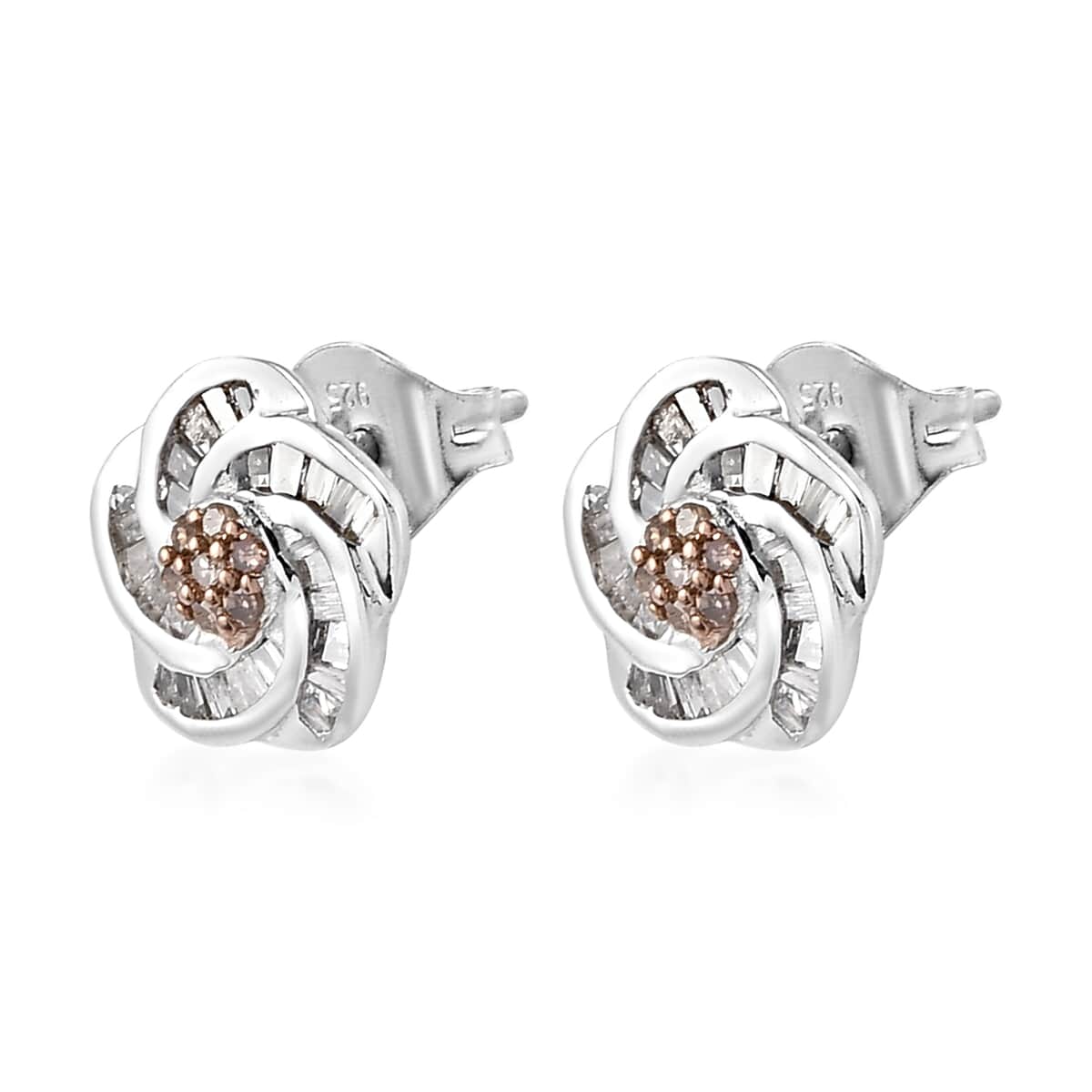 Natural Champagne Diamond Spiral Stud Earrings in Platinum Over Sterling Silver 0.50 ctw image number 3