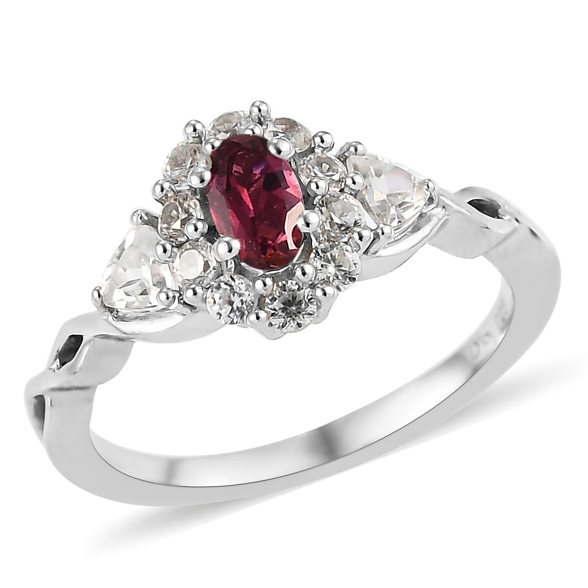 Ouro Fino Rubellite and Natural White Zircon Infinity Shank Ring in Platinum Over Sterling Silver (Size 10.0) 0.75 ctw