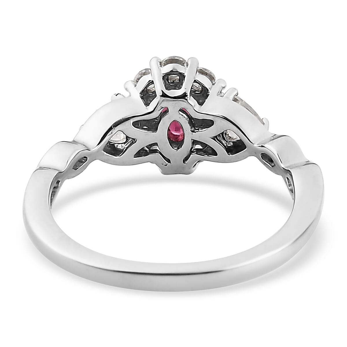 Ouro Fino Rubellite and Natural White Zircon Infinity Shank Ring in Platinum Over Sterling Silver (Size 10.0) 0.75 ctw