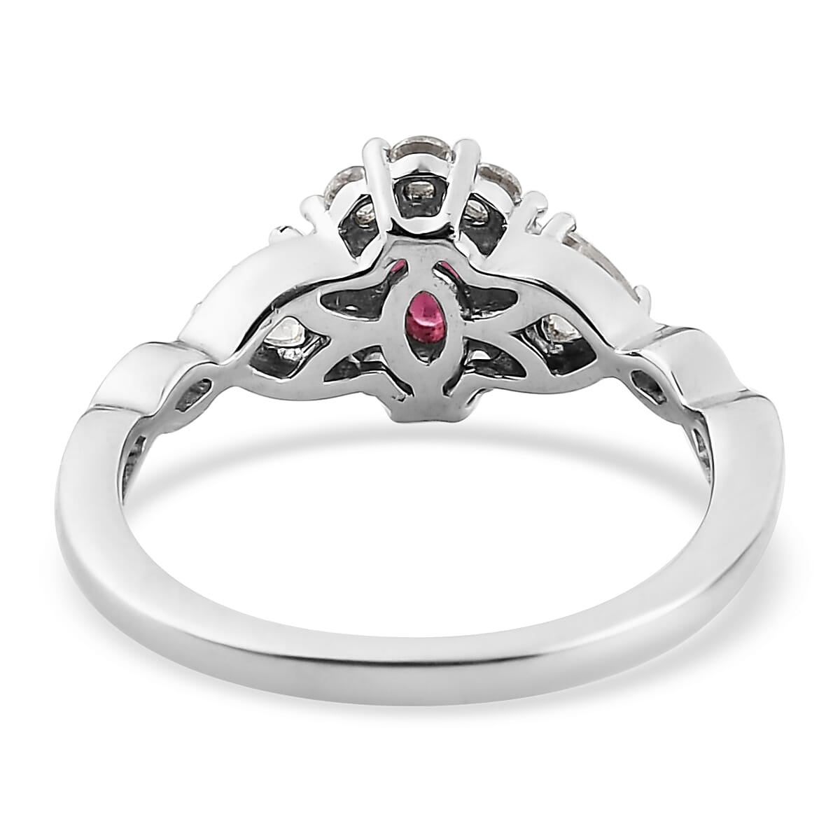 Ouro Fino Rubellite and Natural White Zircon Infinity Shank Ring in Platinum Over Sterling Silver (Size 5.0) 0.75 ctw