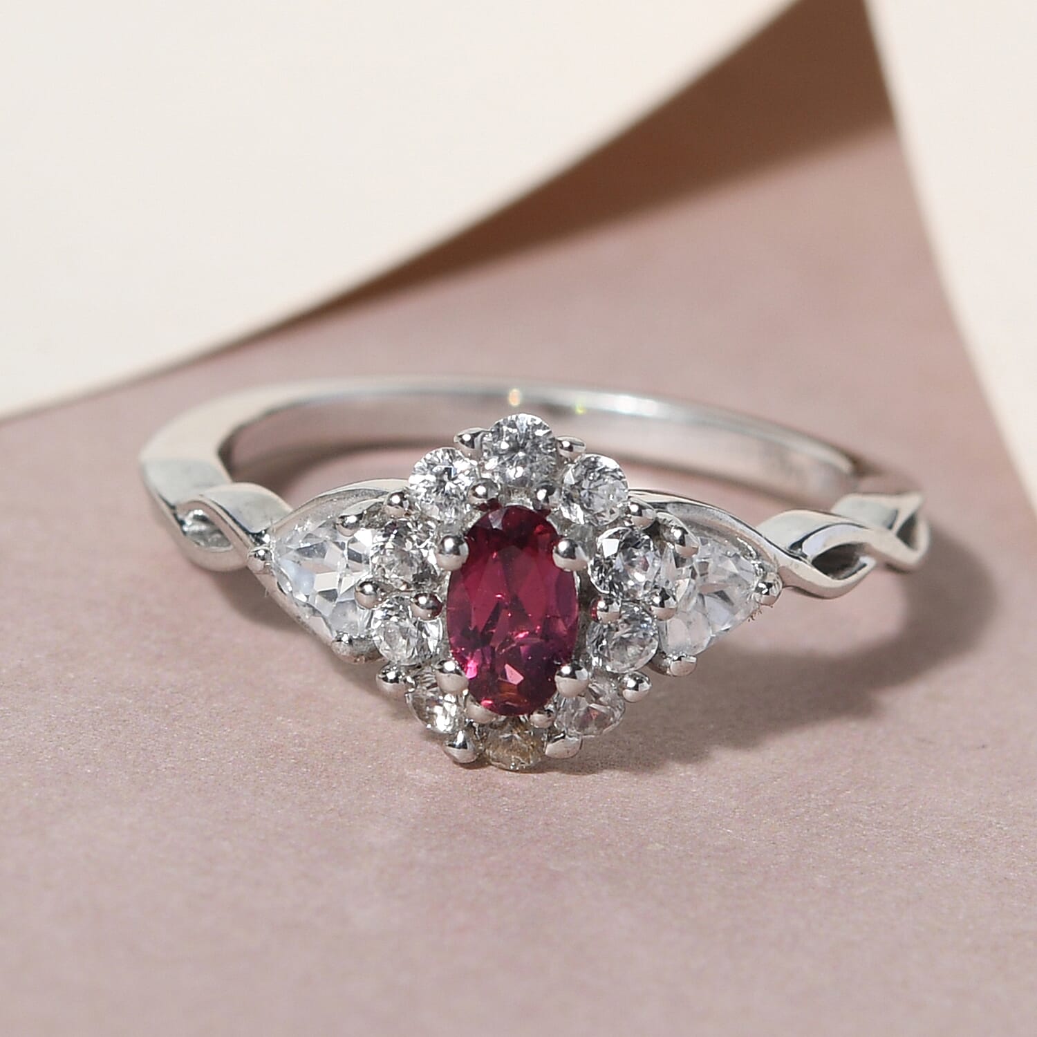 Ouro Fino Rubellite and Natural White Zircon Infinity Shank Ring in Platinum Over Sterling Silver (Size 8.0) 0.75 ctw