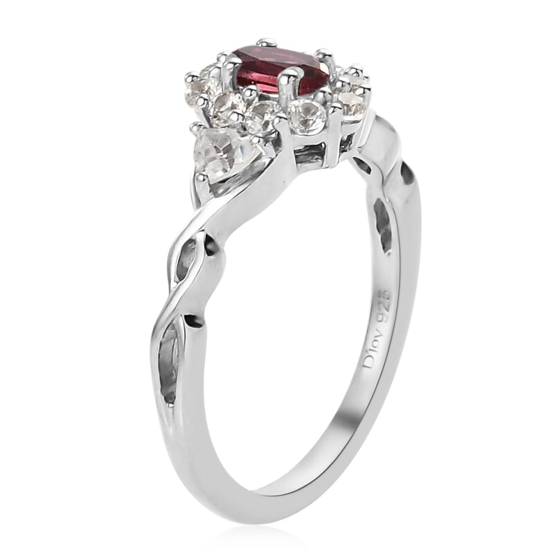 Ouro Fino Rubellite and Natural White Zircon Infinity Shank Ring in Platinum Over Sterling Silver (Size 8.0) 0.75 ctw