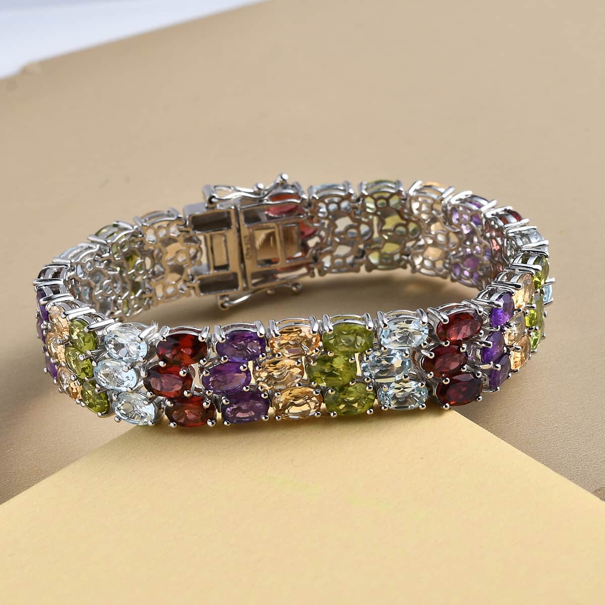 Multi Gemstone 3-Row Bracelet in Platinum Over Sterling Silver (6.50 In) 22.10 Grams 35.15 ctw image number 1