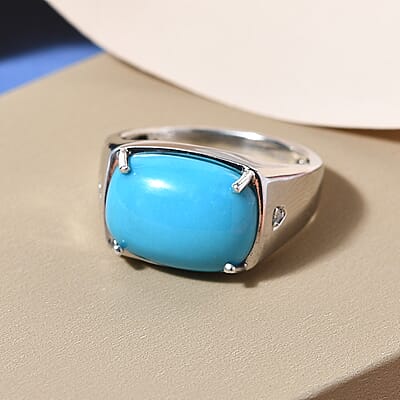 Sleeping Beauty Turquoise and White Zircon Men's Ring in Platinum Over Sterling Silver (Size 10.0) 7.30 ctw