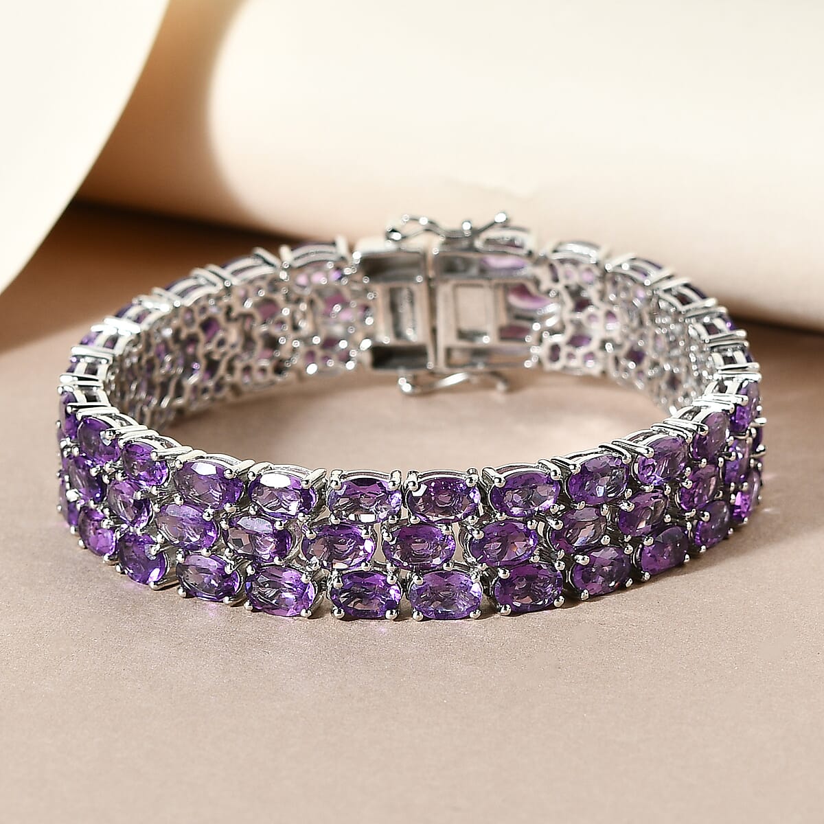 Amethyst 3 Row Tennis Bracelet in Platinum Over Sterling Silver (8.00 In) 36.00 ctw image number 1