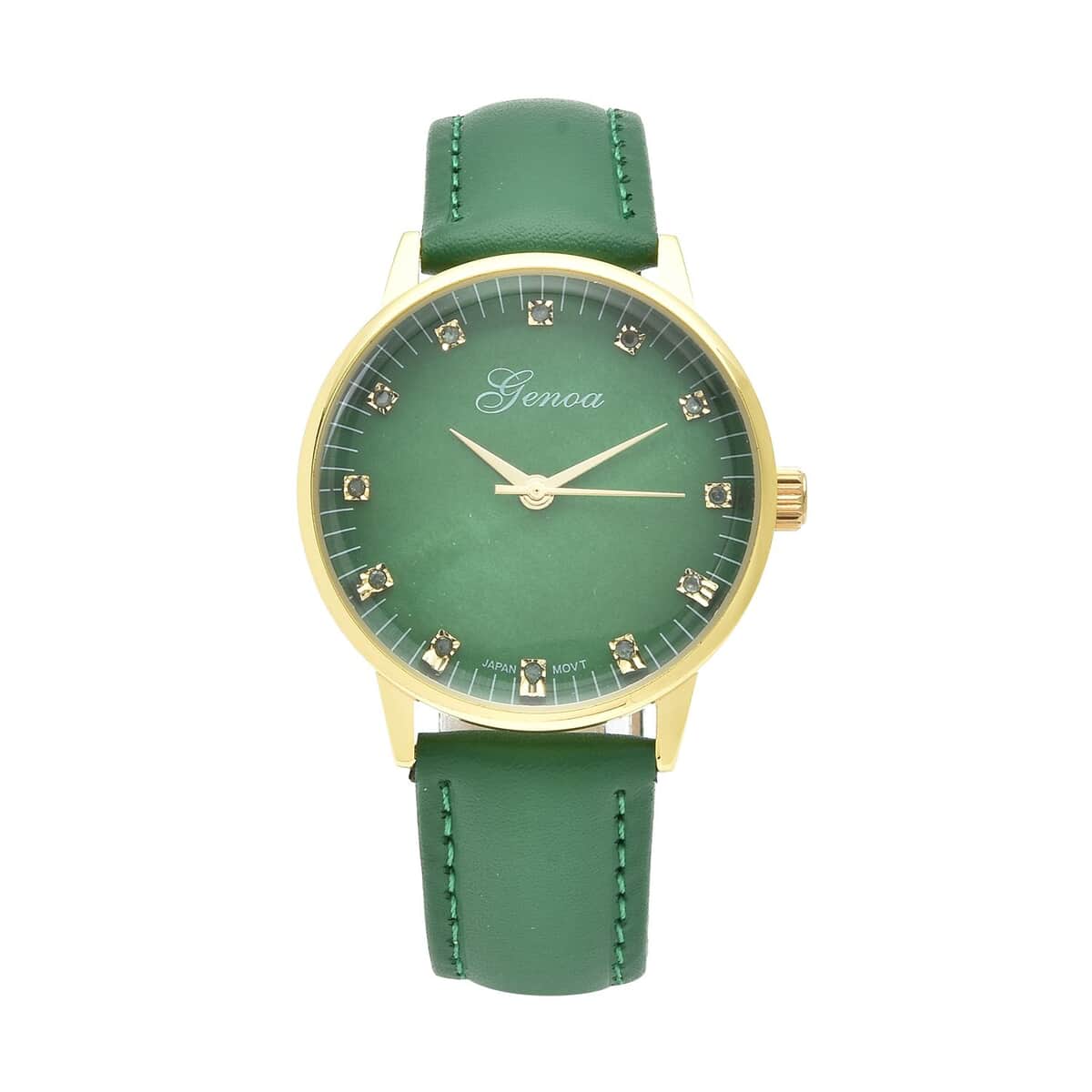 Genoa Red Diamond Miyota Japanese Movement Simulated Red MOP Carved Dial Watch with Green Leather Strap (36mm) (7.25-8.25Inches) 0.12 ctw image number 0