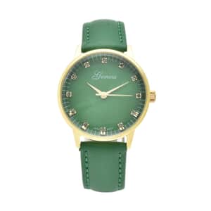 Genoa Green Diamond Miyota Japanese Movement Simulated Green MOP Carved Dial Watch with Green Leather Strap (36mm) (7.25-8.25Inches) 0.12 ctw