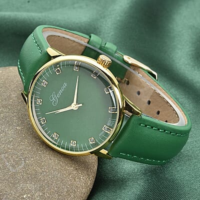 Genoa Green Diamond Miyota Japanese Movement Simulated Green MOP Carved Dial Watch with Green Leather Strap (36mm) (7.25-8.25Inches) 0.12 ctw