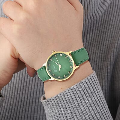 Genoa Green Diamond Miyota Japanese Movement Simulated Green MOP Carved Dial Watch with Green Leather Strap (36mm) (7.25-8.25Inches) 0.12 ctw
