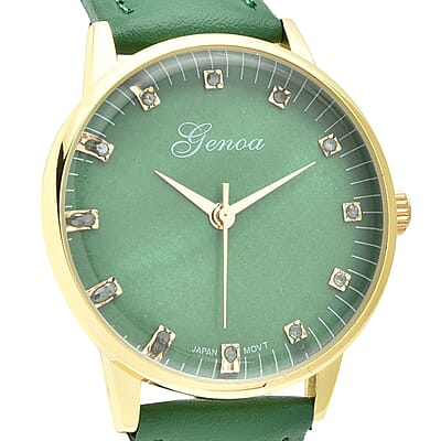 Genoa Green Diamond Miyota Japanese Movement Simulated Green MOP Carved Dial Watch with Green Leather Strap (36mm) (7.25-8.25Inches) 0.12 ctw