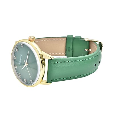 Genoa Green Diamond Miyota Japanese Movement Simulated Green MOP Carved Dial Watch with Green Leather Strap (36mm) (7.25-8.25Inches) 0.12 ctw
