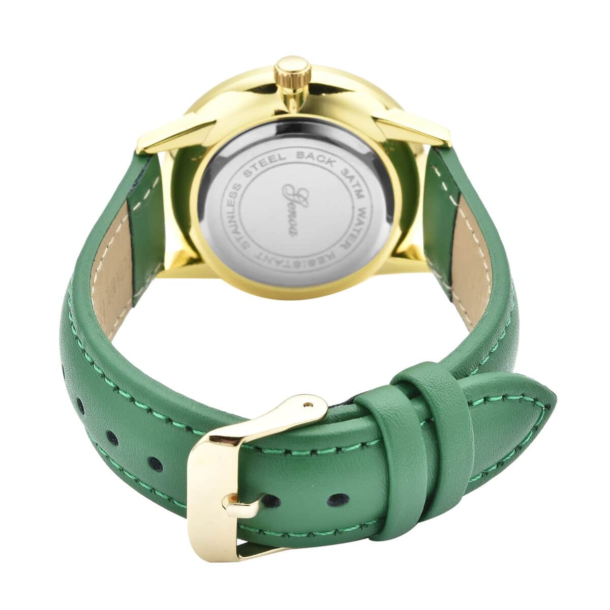 Genoa Red Diamond Miyota Japanese Movement Simulated Red MOP Carved Dial Watch with Green Leather Strap (36mm) (7.25-8.25Inches) 0.12 ctw image number 5