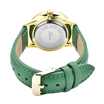 Genoa Green Diamond Miyota Japanese Movement Simulated Green MOP Carved Dial Watch with Green Leather Strap (36mm) (7.25-8.25Inches) 0.12 ctw