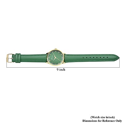 Genoa Green Diamond Miyota Japanese Movement Simulated Green MOP Carved Dial Watch with Green Leather Strap (36mm) (7.25-8.25Inches) 0.12 ctw