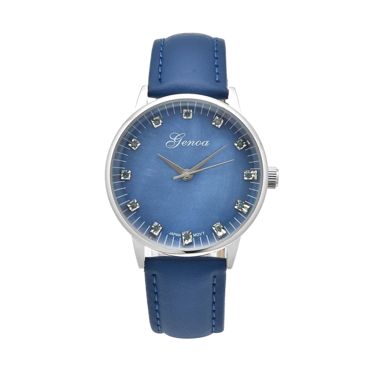 Genoa Blue Diamond Miyota Japanese Movement Simulated Blue MOP Carved Dial Watch with Blue Leather Strap (36mm) (7.25-8.25Inches) 0.12 ctw image number 0