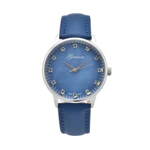 Genoa Blue Diamond Miyota Japanese Movement Simulated Blue MOP Carved Dial Watch with Blue Leather Strap (36mm) (7.25-8.25Inches) 0.12 ctw