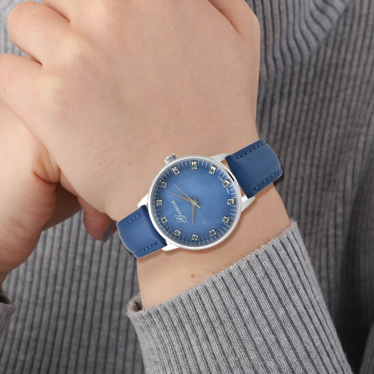 Genoa Blue Diamond Miyota Japanese Movement Simulated Blue MOP Carved Dial Watch with Blue Leather Strap (36mm) (7.25-8.25Inches) 0.12 ctw image number 2