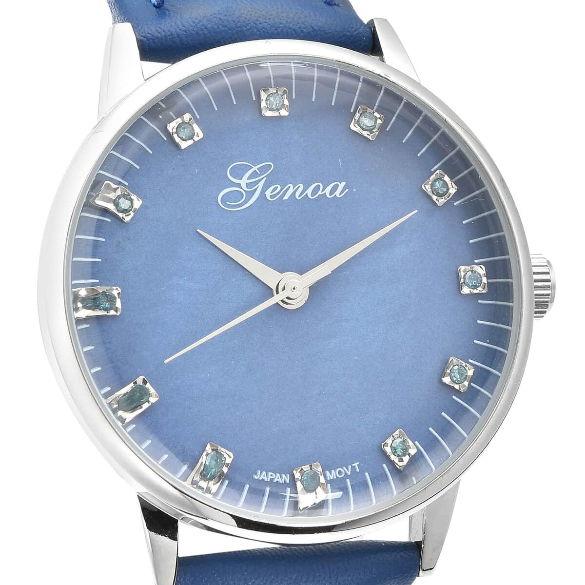 Genoa Blue Diamond Miyota Japanese Movement Simulated Blue MOP Carved Dial Watch with Blue Leather Strap (36mm) (7.25-8.25Inches) 0.12 ctw image number 3