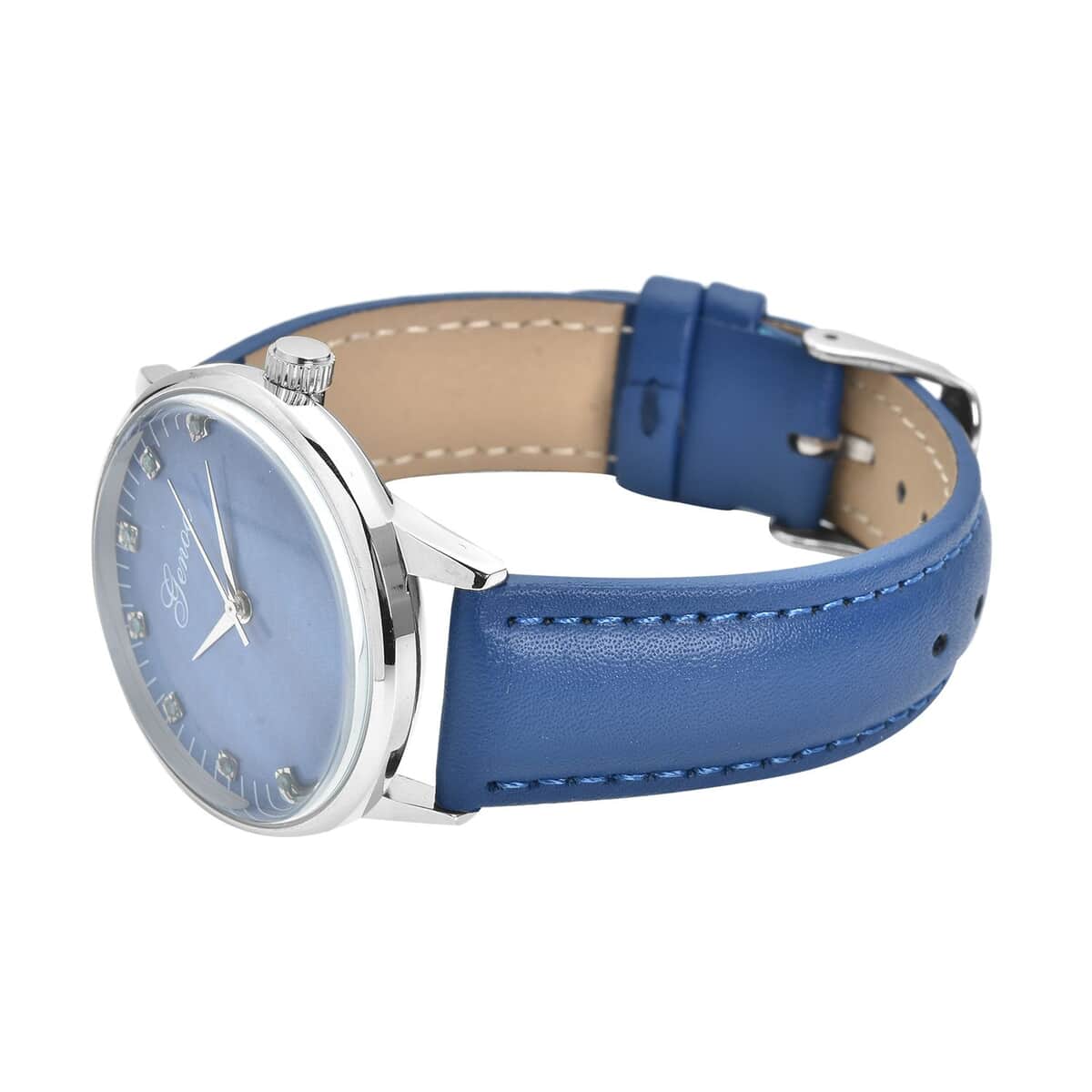 Genoa Blue Diamond Miyota Japanese Movement Simulated Blue MOP Carved Dial Watch with Blue Leather Strap (36mm) (7.25-8.25Inches) 0.12 ctw image number 4