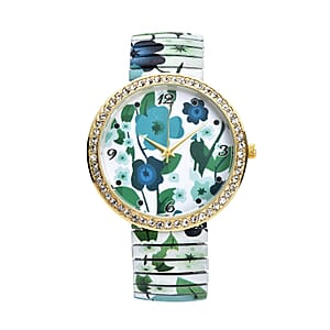 STRADA Austrian Crystal Japanese Movement Blue Flower Pattern Stretch Watch with Stainless Steel Strap