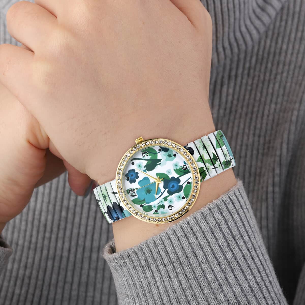 STRADA Austrian Crystal Japanese Movement Blue Flower Pattern Stretch Watch with Stainless Steel Strap image number 2