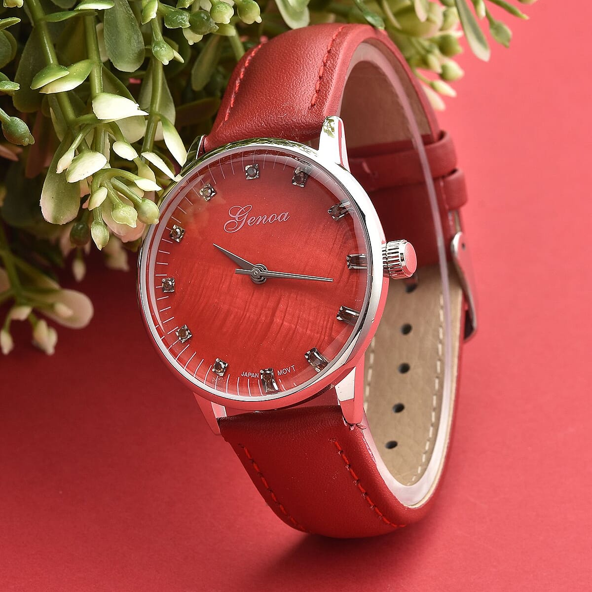 Genoa Red Diamond Miyota Japanese Movement Simulated Red MOP Carved Dial Watch with Red Leather Strap (36mm) (7.25-8.25Inches) 0.12 ctw image number 1