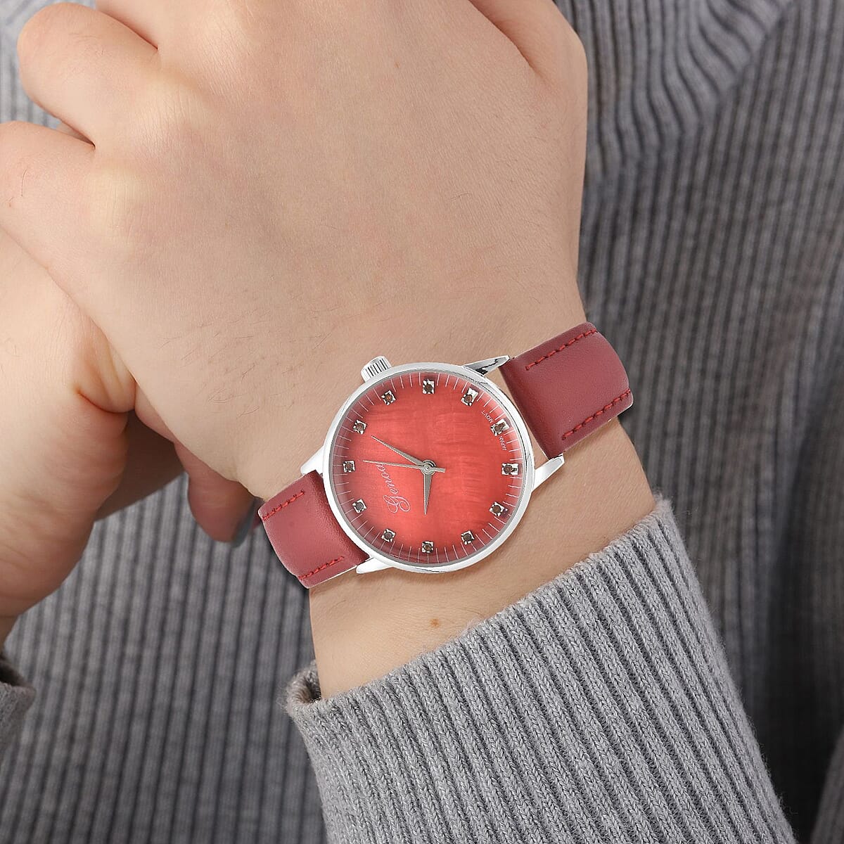 Genoa Red Diamond Miyota Japanese Movement Simulated Red MOP Carved Dial Watch with Red Leather Strap (36mm) (7.25-8.25Inches) 0.12 ctw image number 2